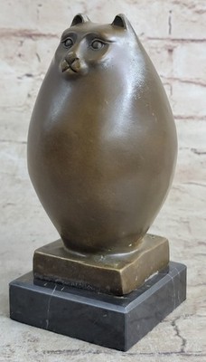 Abstract Fat Cat Kitten Bronze Statue Sculpture Cute Decor Marble Base Botero