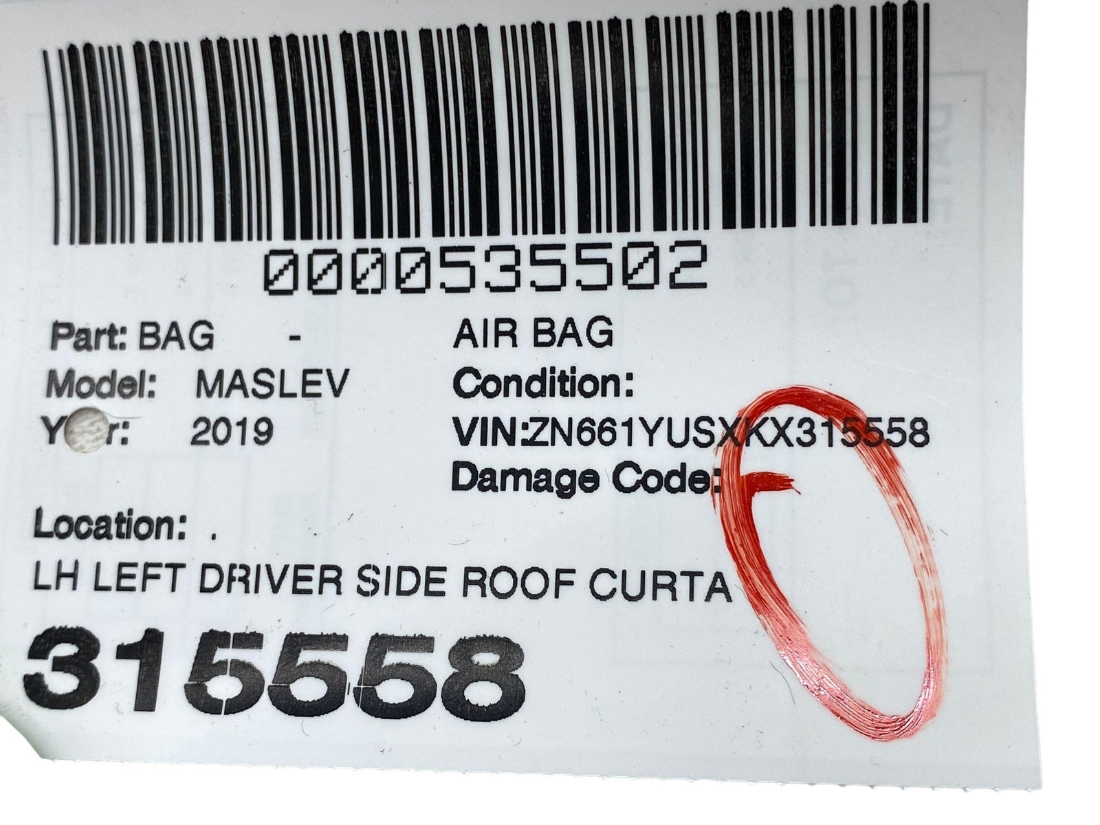 2017-2024 MASERATI LEVANTE LEFT DRIVER SIDE ROOF CURTAIN AIR SRSBAG 670038653