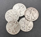 Lot of Five Walking Liberty Half Dollars 90% Silver Mixed Dates Circulated