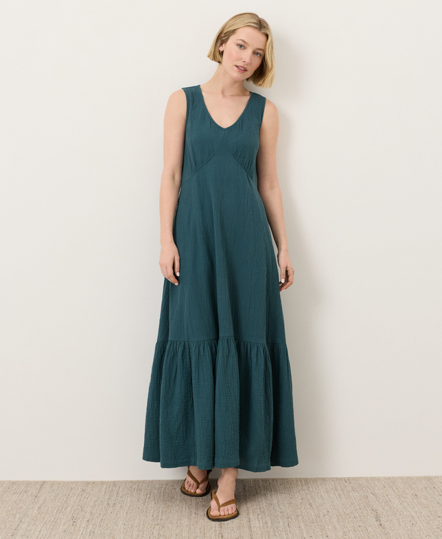 PACT Organic Coastal Double Gauze Beach To Brunch Maxi Dress, Deep Aqua (NEW WT)