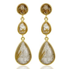 Routile Quartz Bezel Set Dangle Earring Gemstone 925 Sterling Silver Jewelry