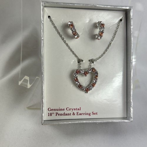 Heart Pendant Necklace And Hoop Earrings Set Clear And Orange Crystals 18” Chain - Picture 2 of 5