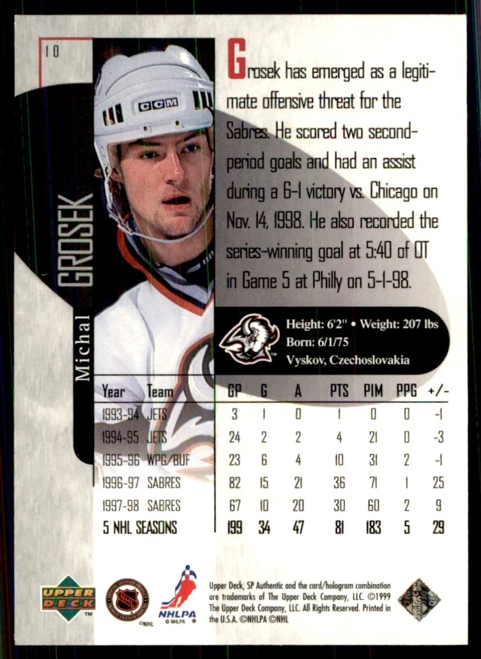 1998-99 SP Authentic Michal Grosek Buffalo Sabres #10 - Image 2 of 2