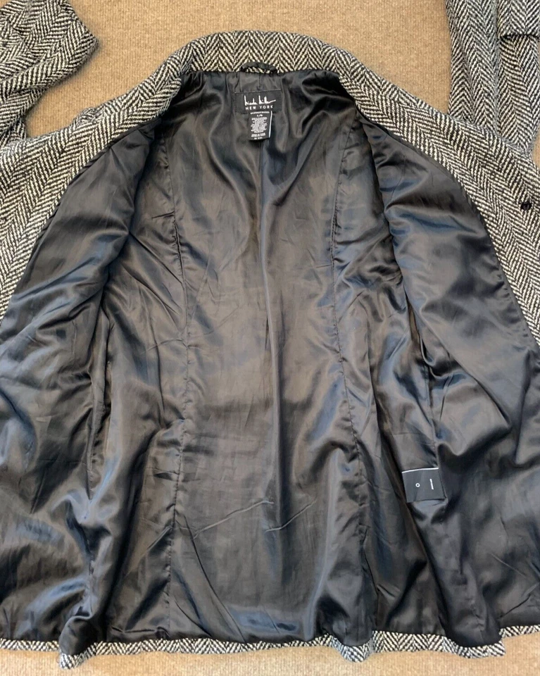 Abrigo Nicole Miller para mujer L tweed trinchera forrado en espiga chaquetón con cinturón Foto 4 de 4