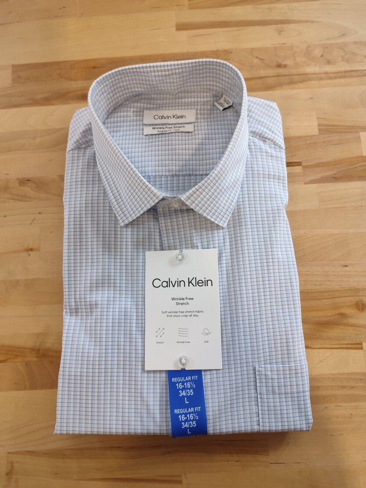 Men's Calvin Klein Regular Fit Wrinkle Free Stretch Dress Shirt Blue L 16-16.5