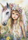 Print ACEO Fantasy Art Card Unicorn Girl Trees Flower Animal Limited Edition