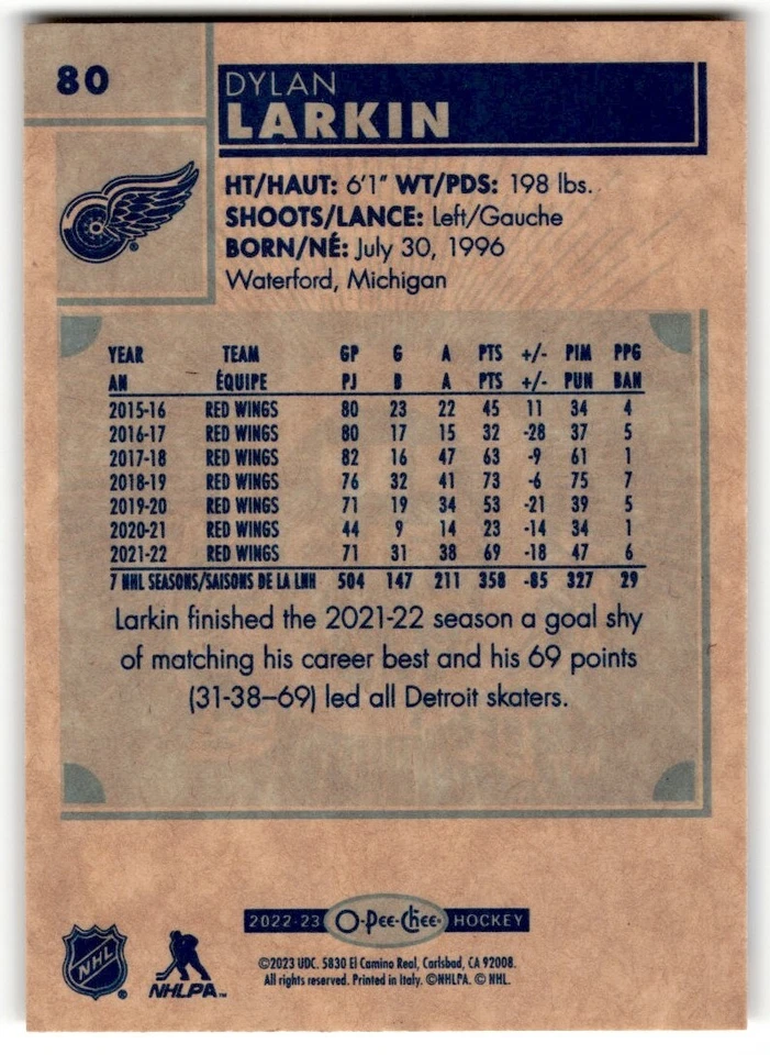 Dylan Larkin 2022-23 O-Pee-Chee Retro #80 Detroit Red Wings - Image 2 of 2