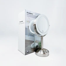 BROOKSTONE | 1X/10X Magnifying Double-Sided Lighted A/C Plug-In Tabletop Mirror