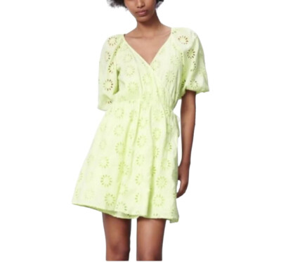 NWT Zara Openwork Embroidered Wrap Mini Dress Lime Green