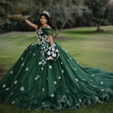 Dark Green Off Shoulder Quinceanera Dresses 3D Flowers Sparkle Tulle Ball Gown