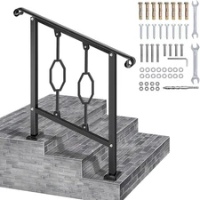 Black Wrought Iron Handrail for 2-3 Outdoor Steps - Fits Concrete or Wood Stairs