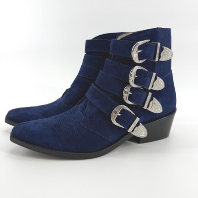 Toga Pulla Suede Multi-Buckle Western Ankle Boots Pointed Toe Size 38 EU Navy