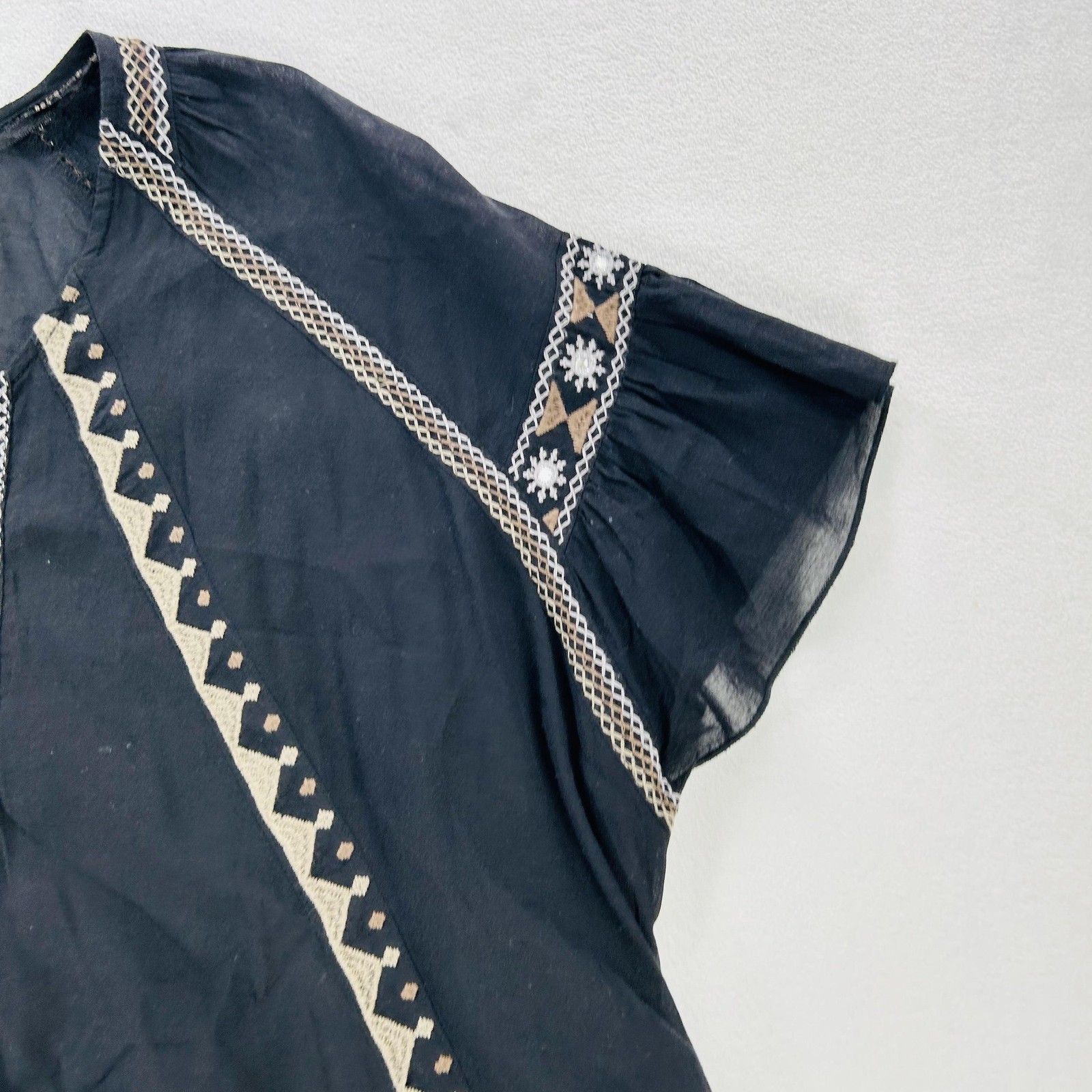 Free People Blouse Womens XS Black Embroidered Boho Peasant Top Sheer Flowy