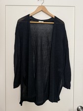 J Jill Cardigan Sz L Petite Navy Longline Open Front Knit Linen Blend Minimalist