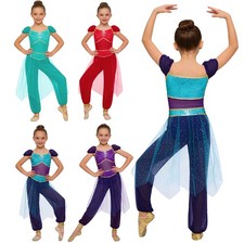 Girls Arabian Princess Belly Dance Costume Tulle Overlay Jumpsuit Performance