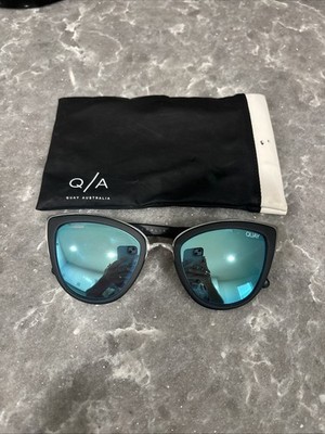 Quay Australia MY GIRL 126 Womens Sunglasses Black Frame Mirror Blu Lens Cat Eye