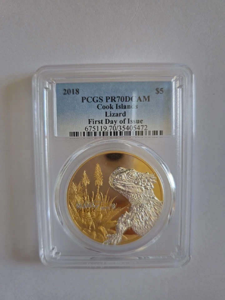 2018 PCGS PR70 DCAM - FIRST DAY OF ISSUE! Cook Islands Lizard Gilded Silver Coin - Image 3 of 4