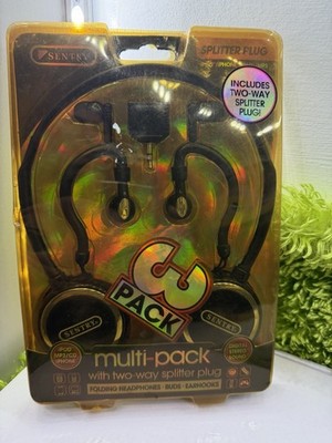 Sentry 3 Pack folding Headphones With Two Way Splitter Plug, buds, Ear hooks NEW