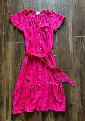 Mable Pink Maxi Cotton Dress Womens Bell Sleeve Button Down Pocket Belted Sz SM