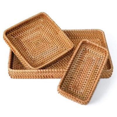 Rattan Serving Tray, Including 3 Sizes of Woven Wicker Rectangle Trays & Shal...