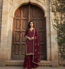 Heavy Faux Georgette Maroon Palazzo Suit With Dupatta For Indian Party Wear