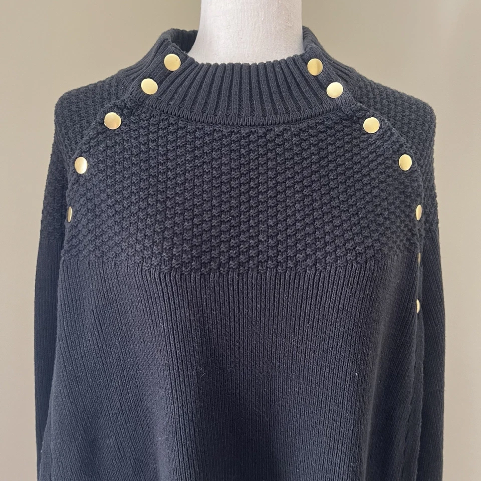 GILI Mujer Poncho Tejido Suéter Talla M/L Negro Capa Dorado Botones Cuello Simulado Elegante Foto 2 de 4