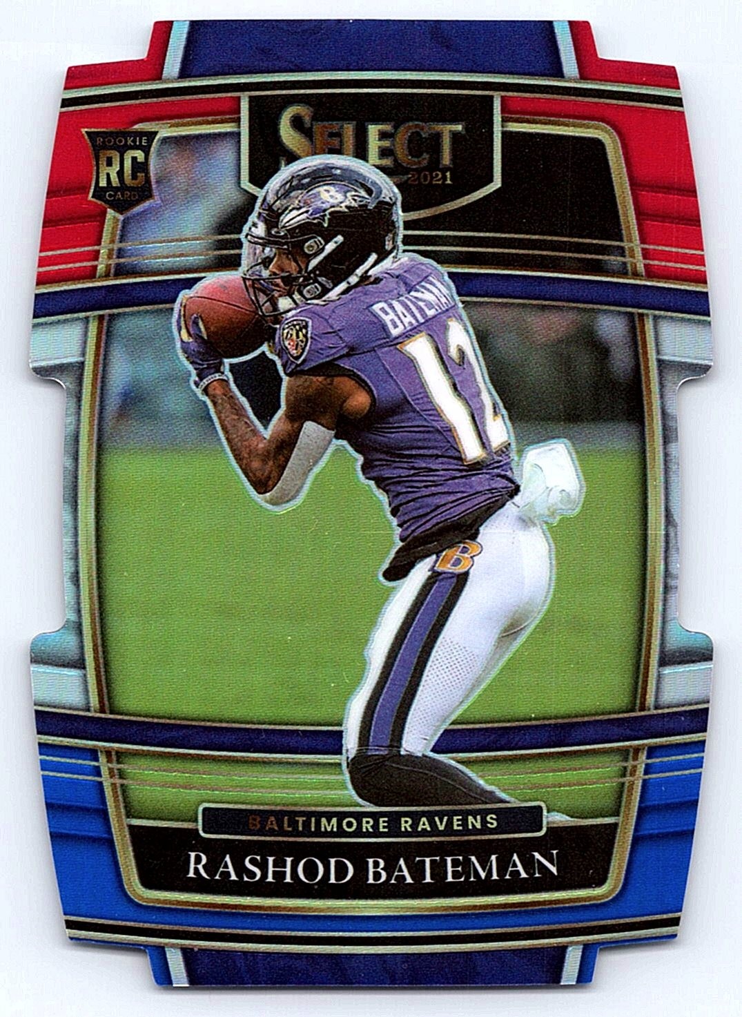 2021 Panini Select #55 Rashod Bateman Red and Blue Prizm Die Cut Ravens