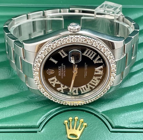 Rolex Men Datejust 41mm Oyster Steel Watch ICED 2.50ct Diamond Black Roman Dial - Picture 5 of 8