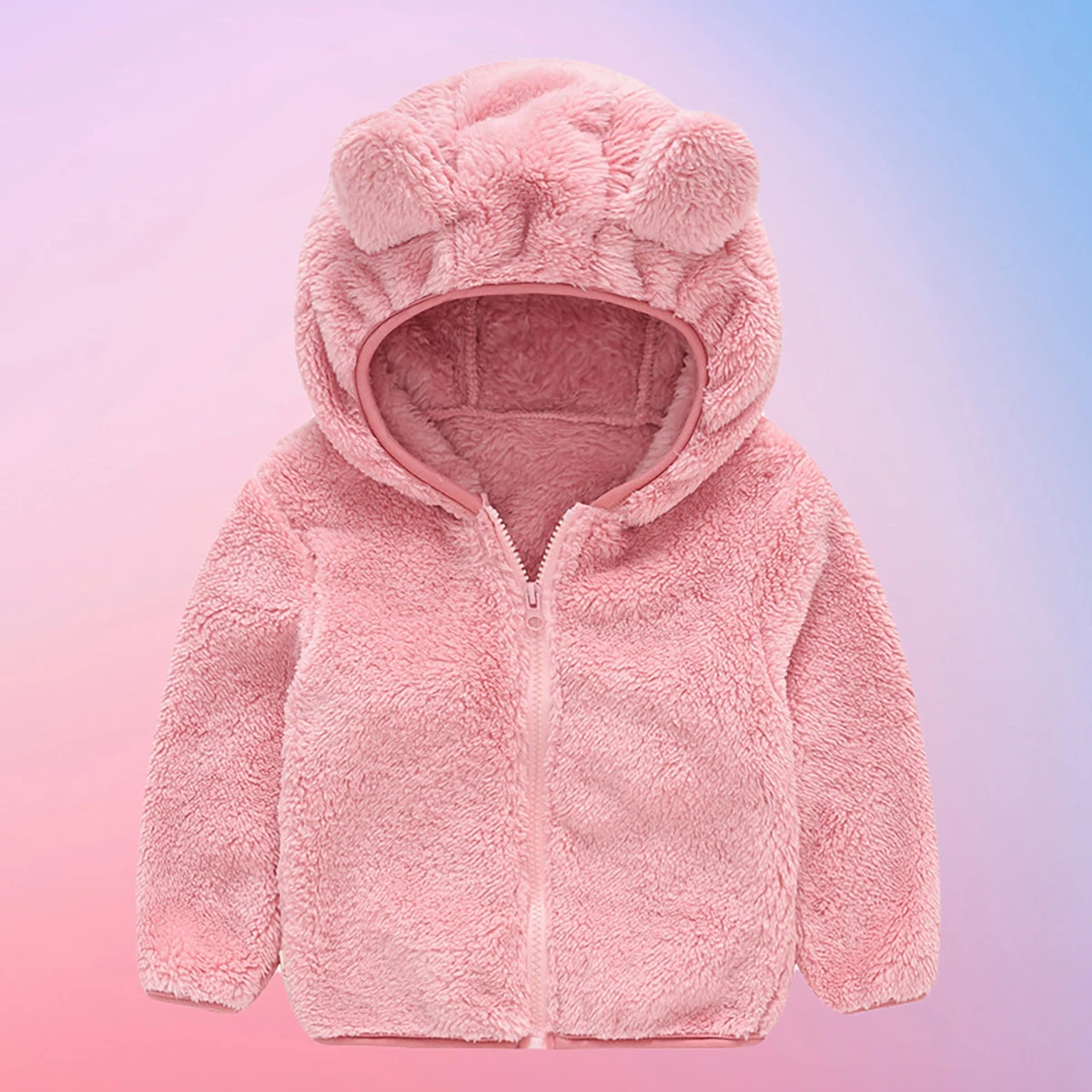 Cardigan Jacket Solid Color Warm Bear Ears Hooded Plush Hoodie