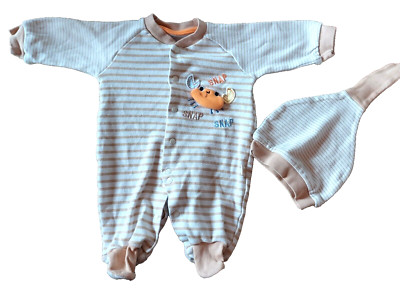 Gr.62 Schlaf Strampler Schlafanzug Baby Junge Mütze 100% Natural Cotton Krabbe