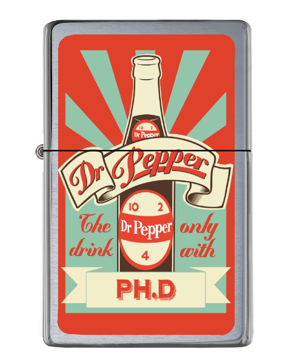 Retro Dr. Pepper Bottle Ad Flip Top Lighter Brushed Chrome with