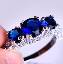 925 Silver Plated Blue Three-Stone CZ Ring