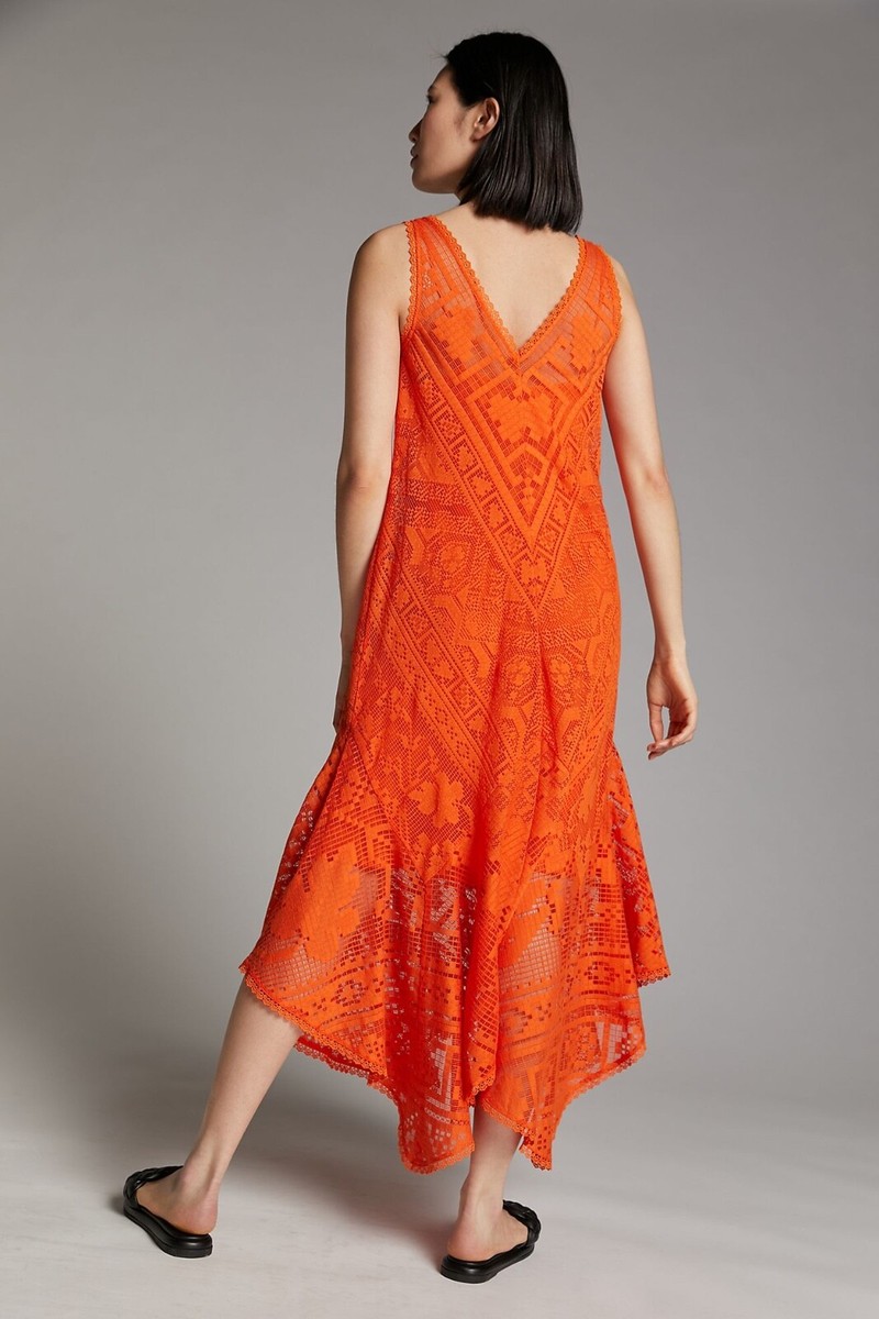 chinese dress ladies Pre-Loved Anthropologie 9-HI5 StCL Women's Stripe Lace Midi Dress Coral  Size XS  Elle & Beck