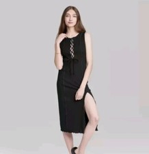 Wild Fable Women's Small Black Midi Dress Lace Up Front Sleeveless High Slit