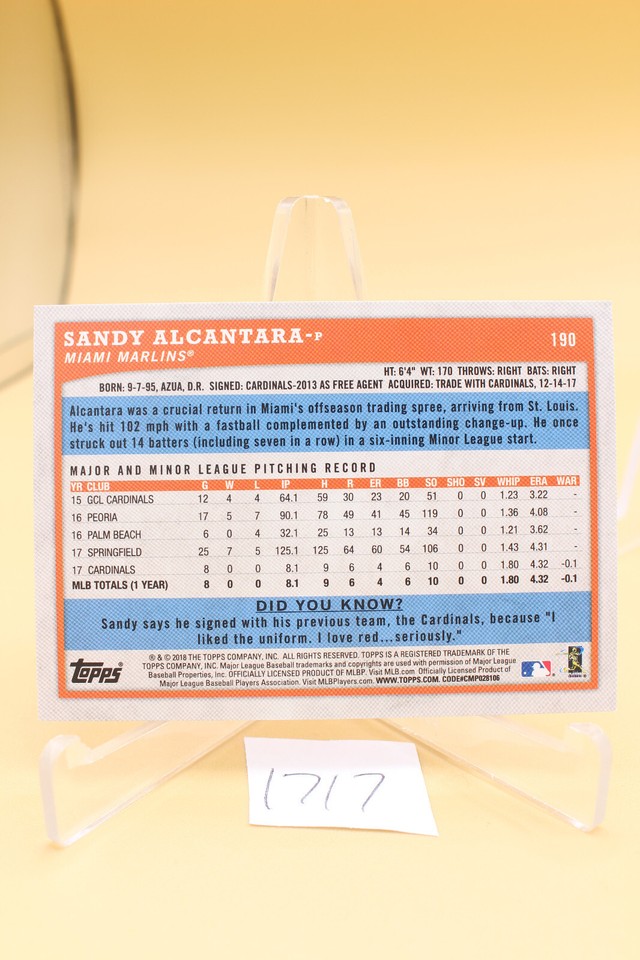 2018 Topps Big League #190 Sandy Alcantara Marlins N…