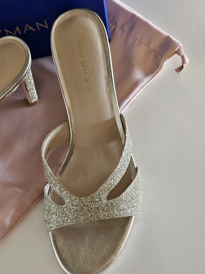 NEW $395 Stuart Weitzman Sz 8 Mariposa Slide Gold Glitter Platino Sandals Heels  - Image 4 of 4