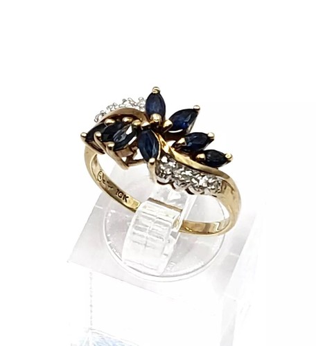 10K Yellow Gold Diamond & Sapphire Marquise Waterfall Swirl Cocktail Ring - Picture 2 of 9