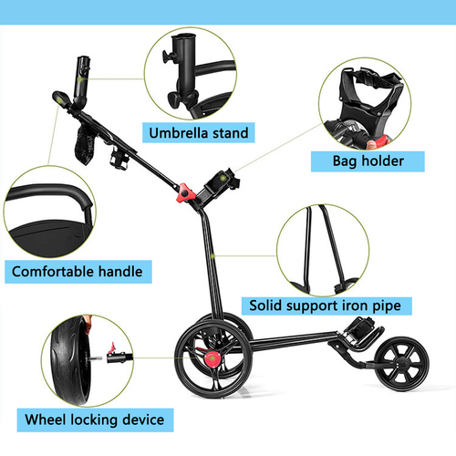 Push Pull Golf Cart Buggy Trolley 3 Removable Wheel Foldable Foot Brake Mesh Bag - Picture 6 of 20