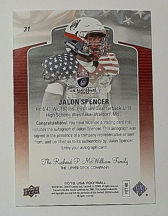 2018 UD USA Football National Team Signatures #31 Jalon Spencer XRC Auto - Image 2 of 2