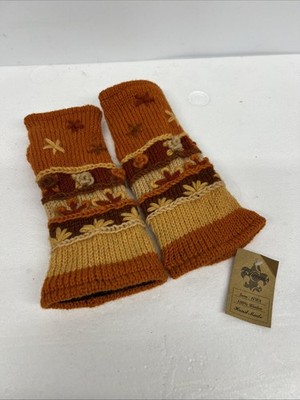 Wool Fleece Lined Fingerless Gloves Hand Knit ORANGE NEW Made In Nepal Texting