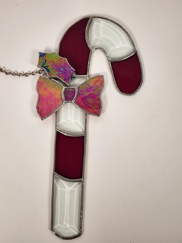 Vtg Candy Cane Stained Glass Hanging Window SunCatcher Wall Art Piece Christmas