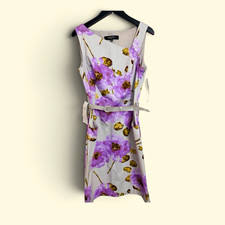 Nine West Size 8 Gray Purple Gold Floral Asymmetric Sleeveless Belted Sheath