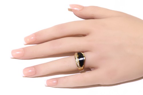 14k yellow gold natural black onyx .45ct diamond ring 8.7g estate vintage 8.5 - Picture 5 of 6