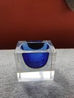 Vintage Murano Flavio Poli Seguso Sommerso Faceted Ashtray Paperweight Blue Gold