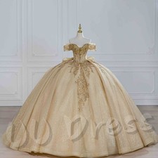 Champagne Glitter Quinceanera Dress Off Shoulder Sweet 15 16 Prom Ball Gowns