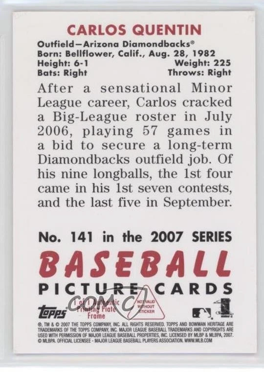 2007 Bowman Heritage Printing Plate Magenta 1/1 Carlos Quentin #141 2n9 - Image 2 of 3