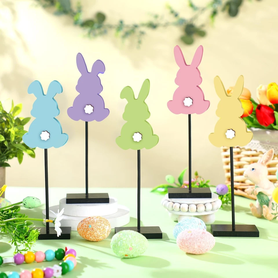 Mesa de pie de Pascua de madera decoración, conejito, huevo, conejo, bandeja en niveles, letrero Foto 2 de 4