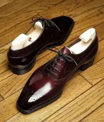 New Handmade Oxford Lace Up Genuine Leather Burgundy Office Dress Shoes For Men