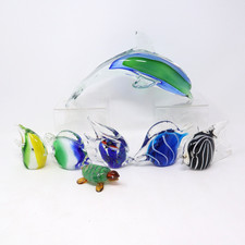 Lot of 7 Murano Style Art Glass Paperweights Angel Fish Dolphin Turtle