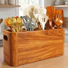 Extra Large Acacia Utensil Holder for Kitchen Counter with 4 Compartments, Wo...